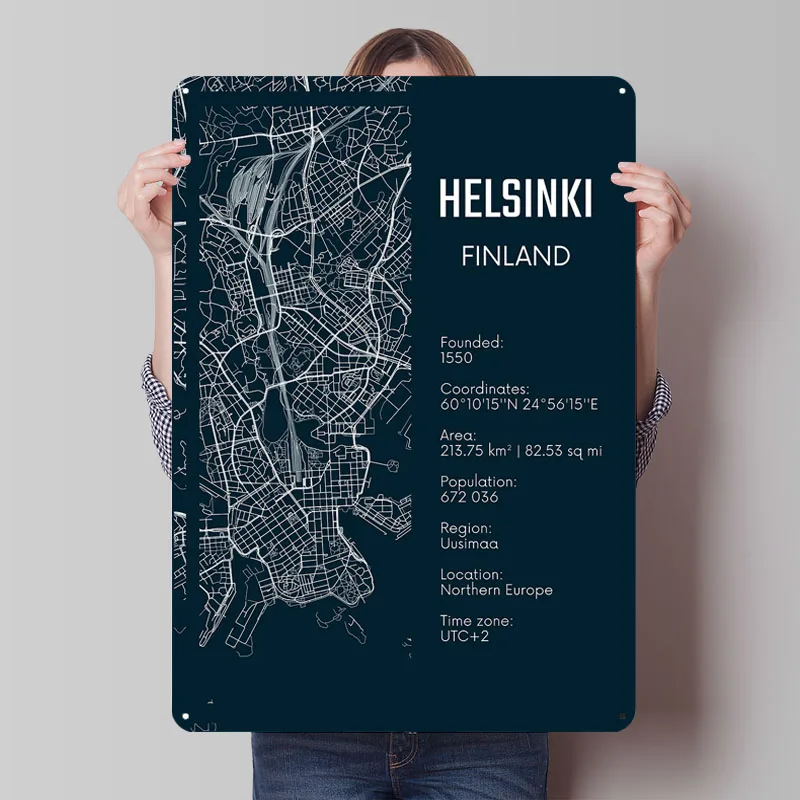 Карта города Helsinki, жестяная вывеска, карты, украшение для плакатов, украшения для гостиной, металлические вывески на заказ для украшения домашней комнаты, ретро