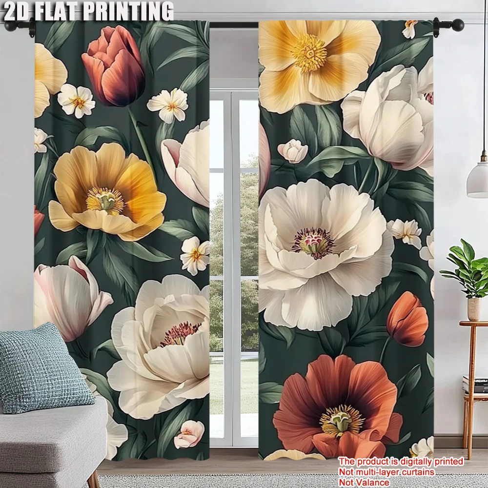 

2Pcs Vintage Floral Window Curtain Polyester Drapes With Rod Pocket Light Yellow Rose Print For Living Room Machine Washable