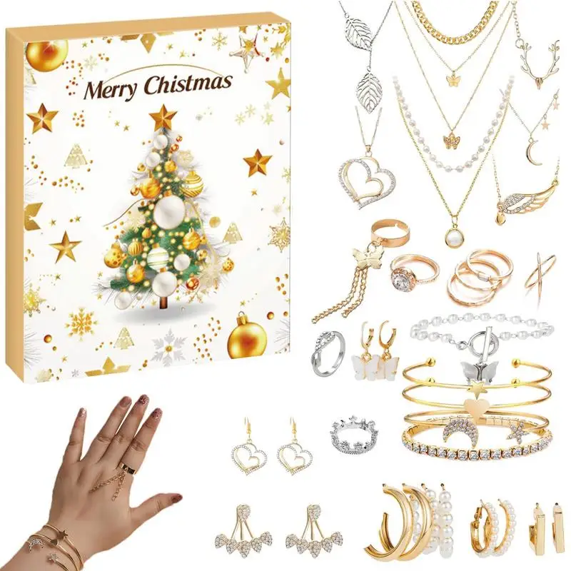 Advent Calendar 2024 Christmas Party Finger Rings Earring Necklace for 24 Days Countdown Festive Atmosphere Enhancer Jewelry Kit