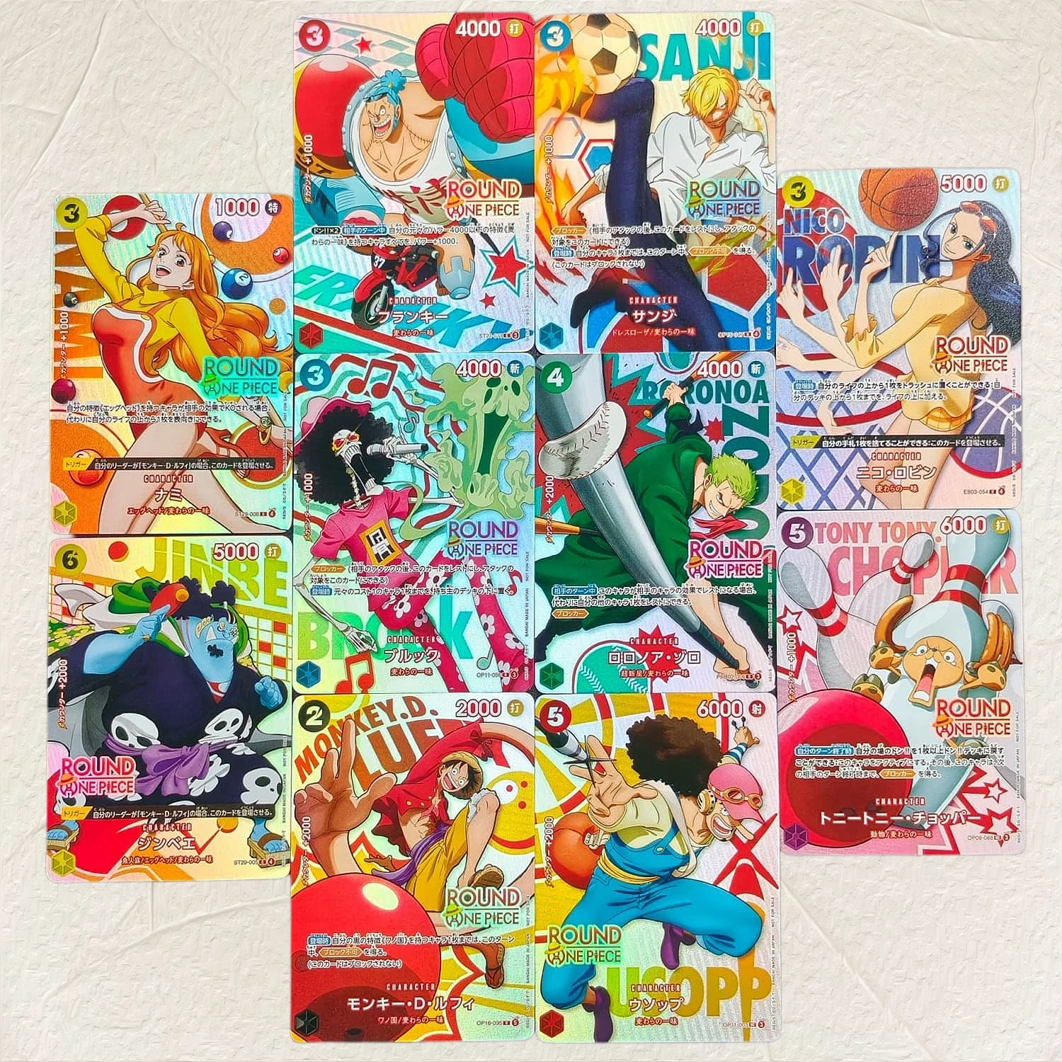 One Piece Luffy Nami Sanji Robin Jinbe Zoro Chopper Usopp 10 Stück Folien-Textur DIY Karten JP Version Premium Anime Sammelkarten