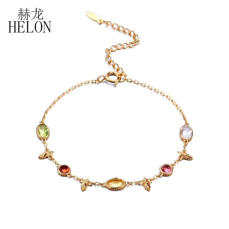 

HELON Solid 18k Yellow Gold Bracelet Peridot Garnet Tourmaline Citrine Sky Blue Topaz Gemstone Bracelet Women Chain Bracelet