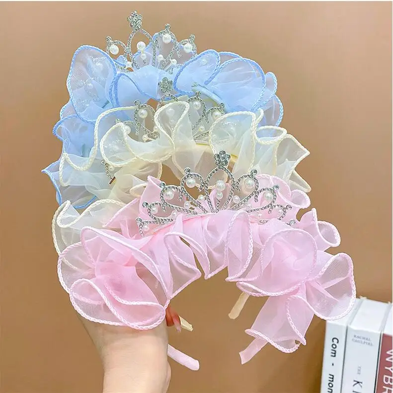 Headbands For Kids Girl Princess Hairbands Crystal Crown Mesh Bow Knot Flower Child Hair Accessories Korean Handmade Wholesale