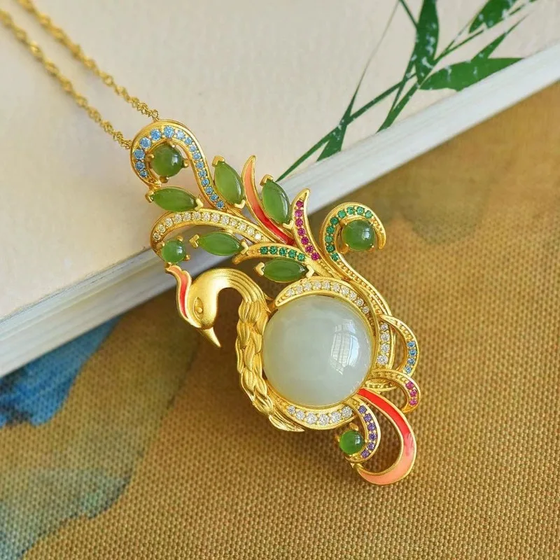 Natural Hetian White Jade Exquisitely Carved Peacock Necklace Vintage and High-end Ethnic Style Pendant Wedding Jewelry