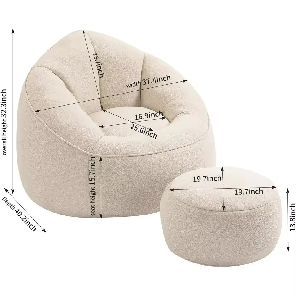 Outdoor bean bag chair with ottoman, lazy sofa with padded foam, compressed bean bag chair, beige bean bag bed with padding