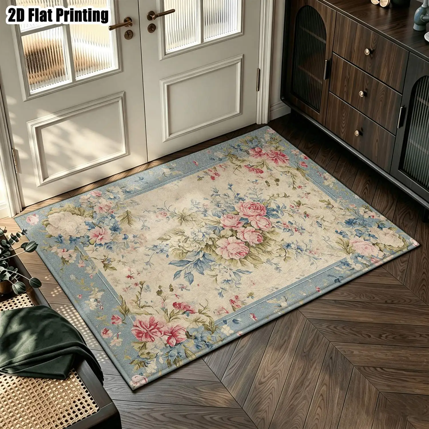 1Pc 2D Printed Retro Floral Carpet with Pink Flowers & Blue Leaves, European Style, Machine Washable, Multi-Size, Ideal for Home Decor Such as Entryway, Dining Room, Bedroom, Living Room