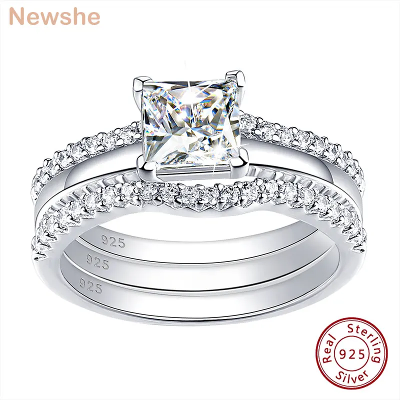 Luxury 925 Silver Princess Cut CZ Engagement Ring Set