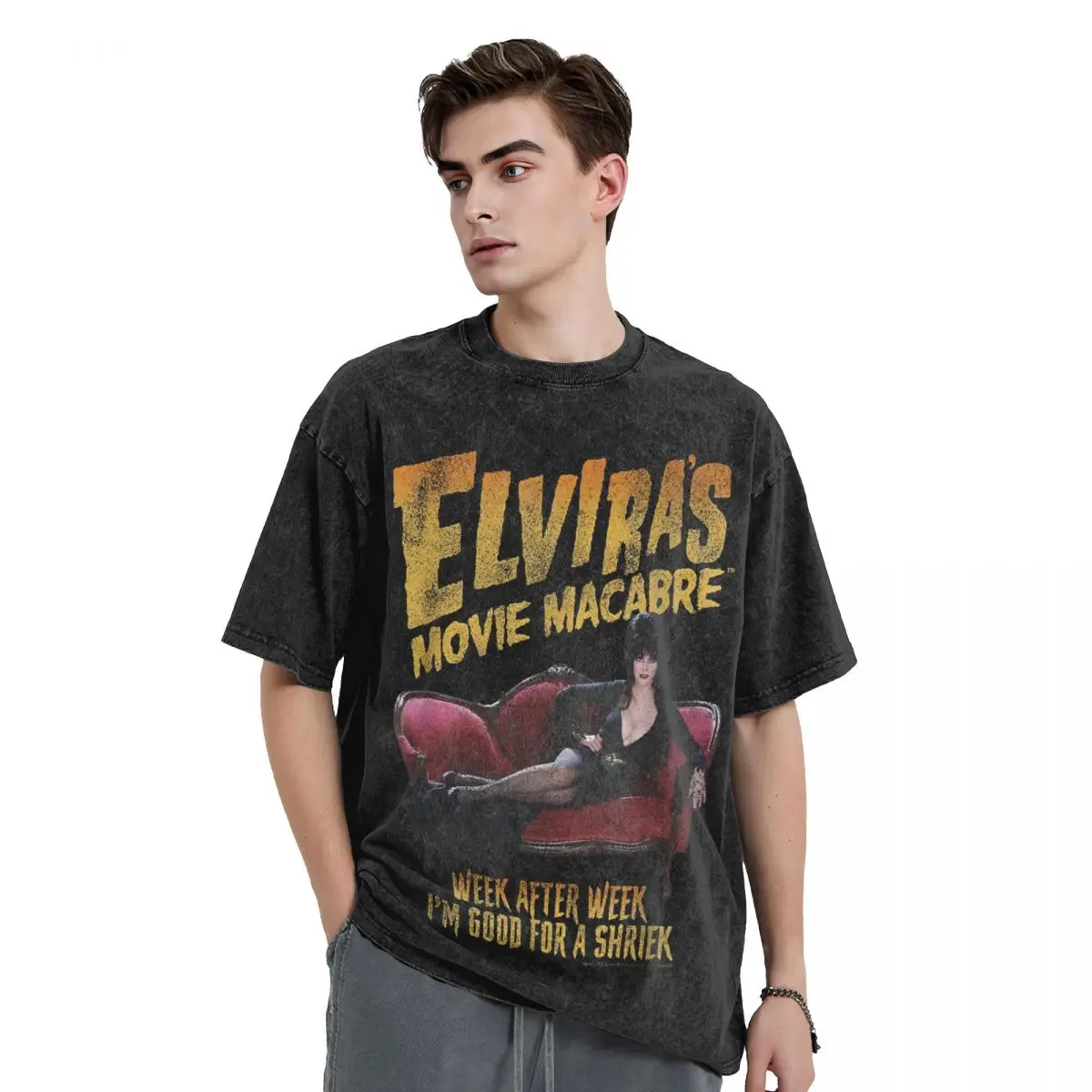 Men T Shirt Movie Macabre Elviras In Horrorland Washed T Shirt Trending Beach Tees Aesthetic Pattern Casual Clothing New Arrival