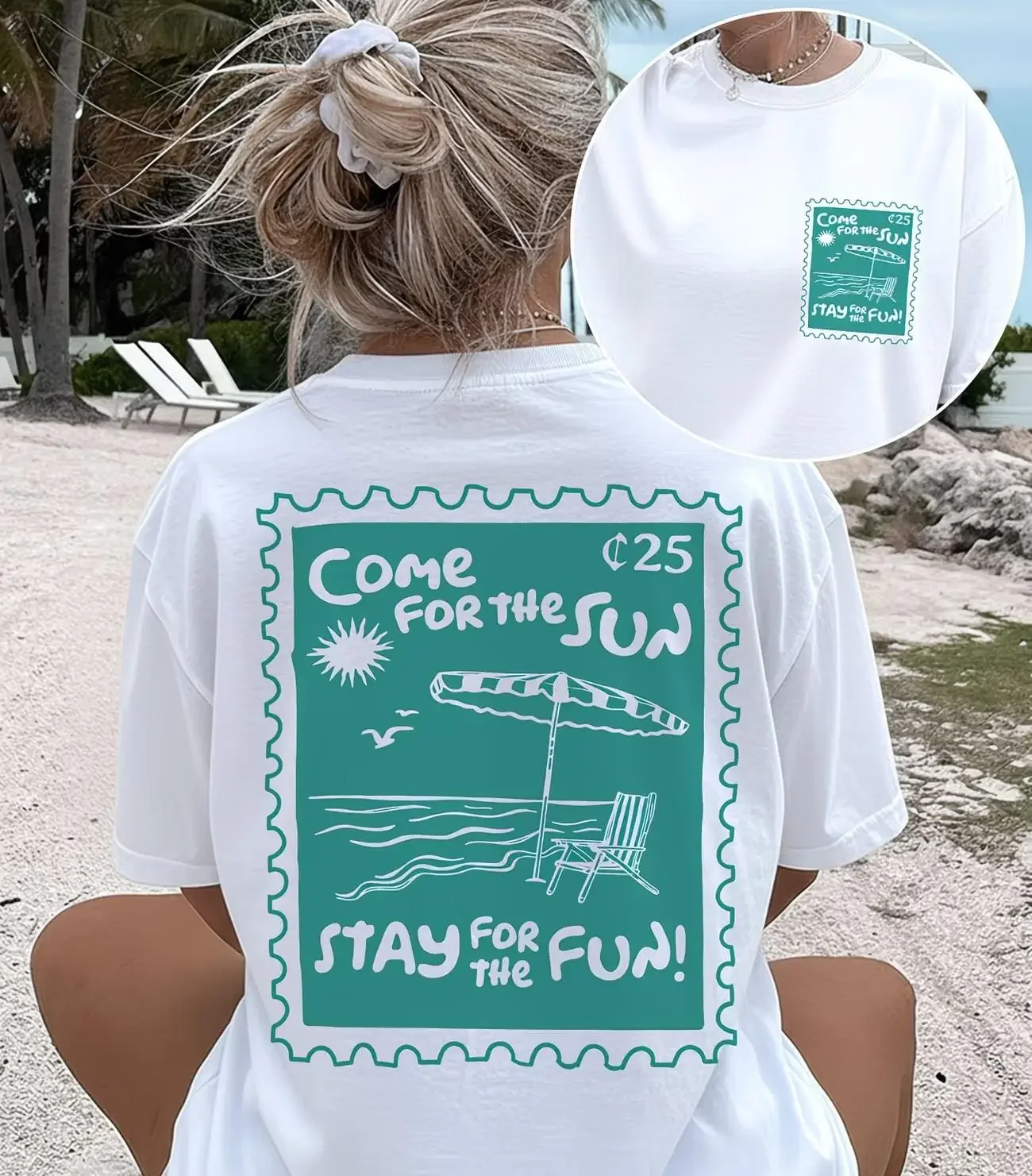 Vintage Stamp Beach Graphic Tee Women Come For The Sun Stay For The Fun  T Shirt Retro Aesthetic Harajuku Streetwear Top