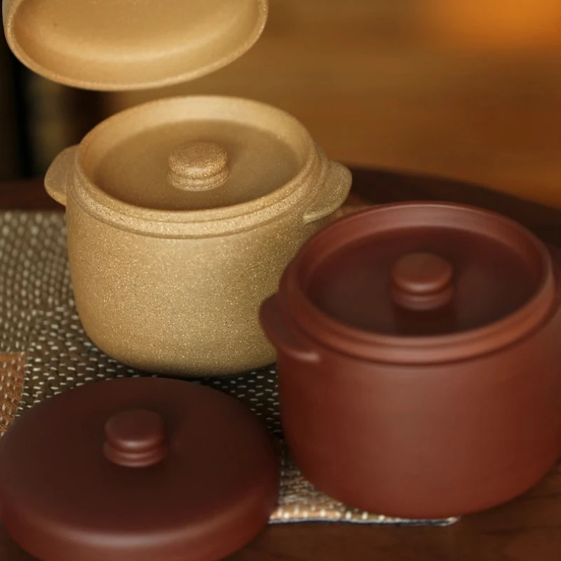 Purple Clay Double-Lid Stew Pot Ceramic Soup Jar with Water Bath Nutrient-Locking Large Opening Design for Cooking And Storage