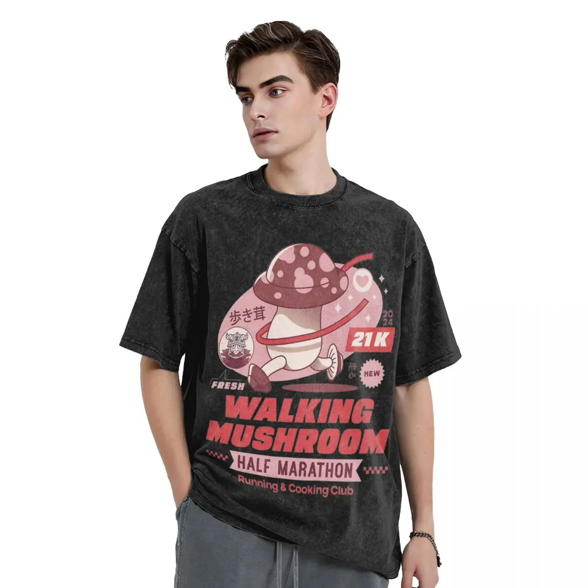 Walking Mushroom Marathon Delicious In Dungeon Washed T Shirt Streetwear Hip Hop T-Shirt Anime Tees for Men Women Oversize