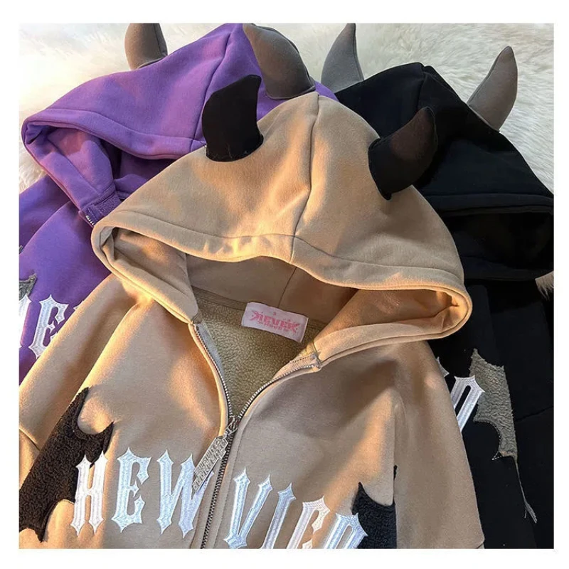 Y2K Little devil horn jacket men and women new hoodie autumn and winter American street loose couple plus fleece hooded sweater