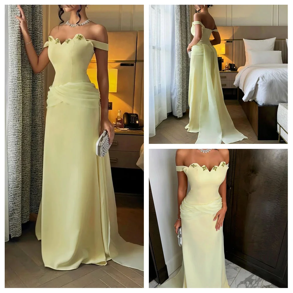 

Customized Exquisite Yellow Jersey Evening Dress Fashion Boat Neck Off the Shoulder Sleeveless Party Dress Soft Celebrity Gowns