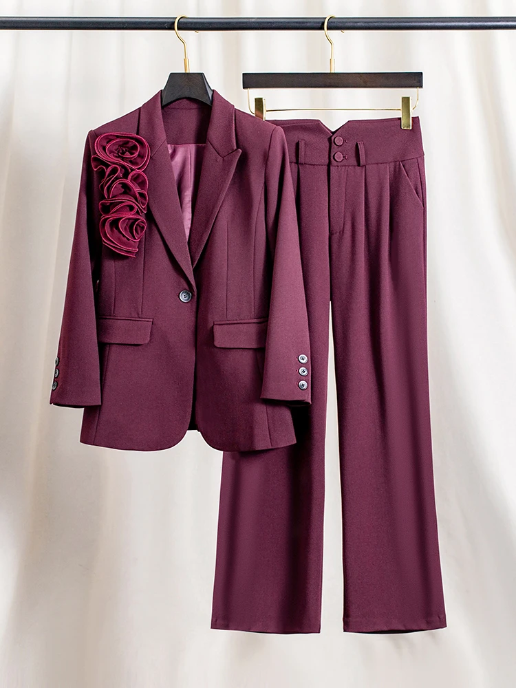 

Elegant Floral 3D Suit Set Women's Straight Leg Pants Two-Piece Ensemble for Banquet Annual Meeting Image Design Style