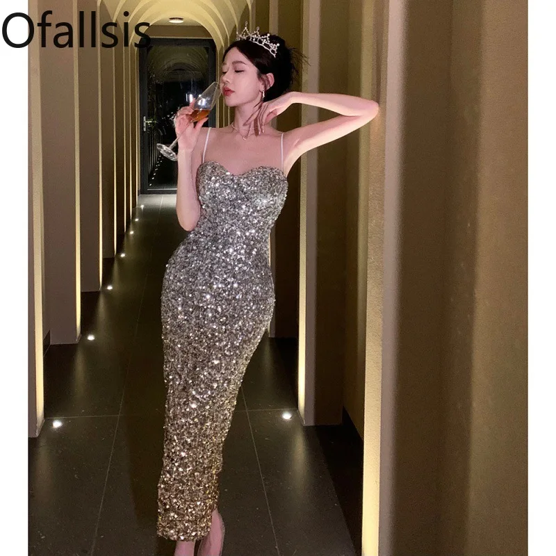 Ofallsis Fashion Celebrity Style Gradually Changing Color Dress 2024 Summer New Bead Piece Slim Fit Split Hanging Strap Dresses