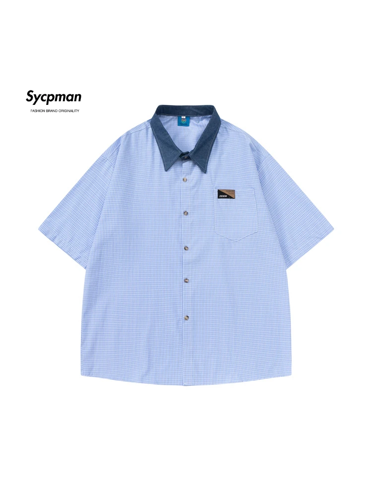 Sycpman American Style Vintage Color Block Label Plaid Short Sleeve Shirts for Men and Women Fashion Loose Couple Casual Shirt