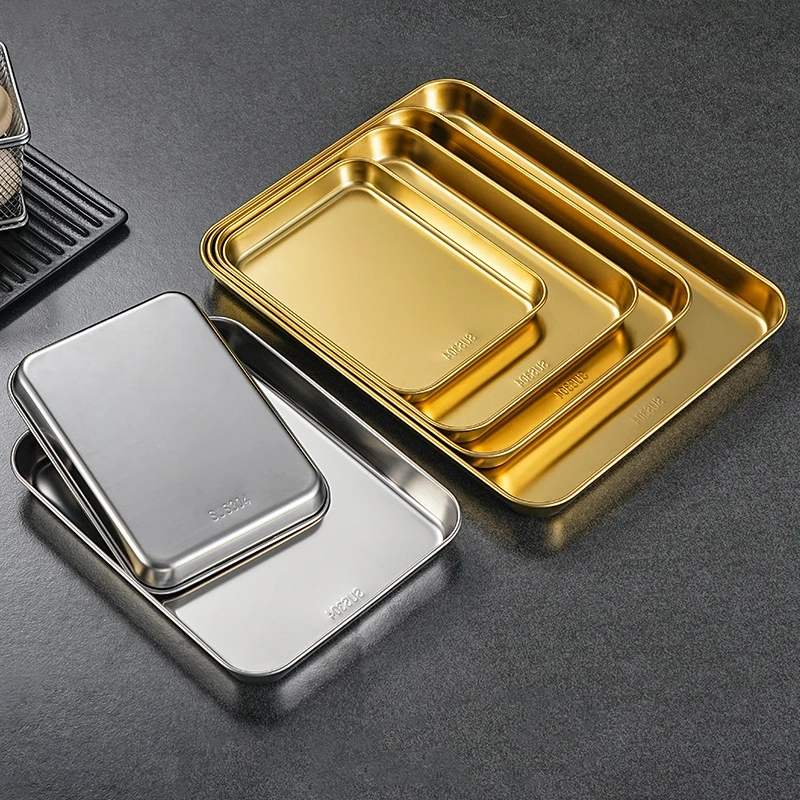 

304 Stainless Steel Rectangle Tray Large Capacity Metal Food Serving Pan Steamed Rice Sausage Plate Kitchen BBQ Storage Trays