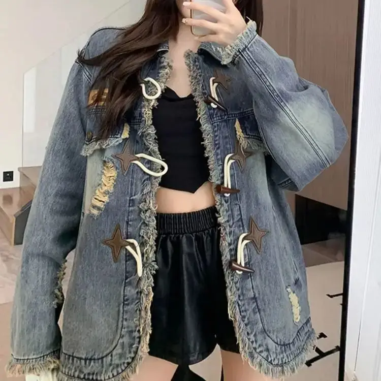 Retro Raw Edge Loose Denim Jacket Women 2024 Autumn New Design Lazy Style Slimming Design Long-Sleeved Jacket Top