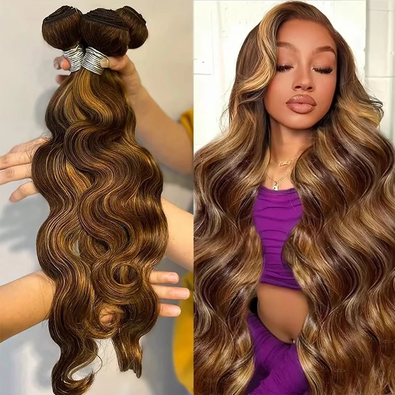 30 32인치 하이라이트 바디 웨이브 번들 100% 인모 번들 P4/27 옴브레 컬러 브라질리언 레미 생모 연장 3 4 번들