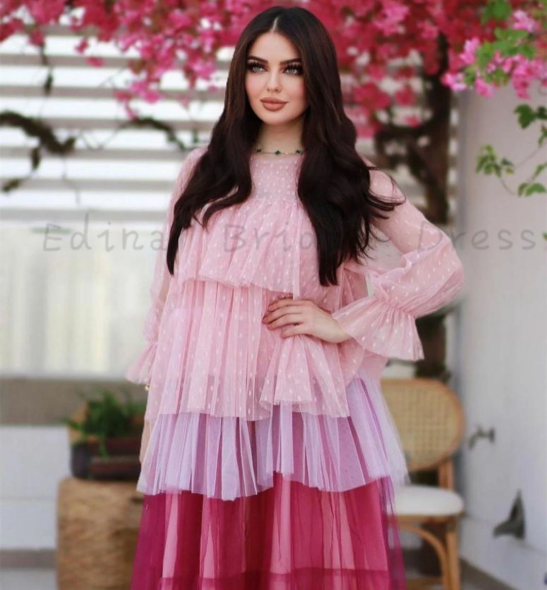 Women's Ruffles Tiered Prom Dresses for Juniors Tea-Length Pink Tulle A-Line Evening Dress with Long Sleeve Scoop Neck vestidos