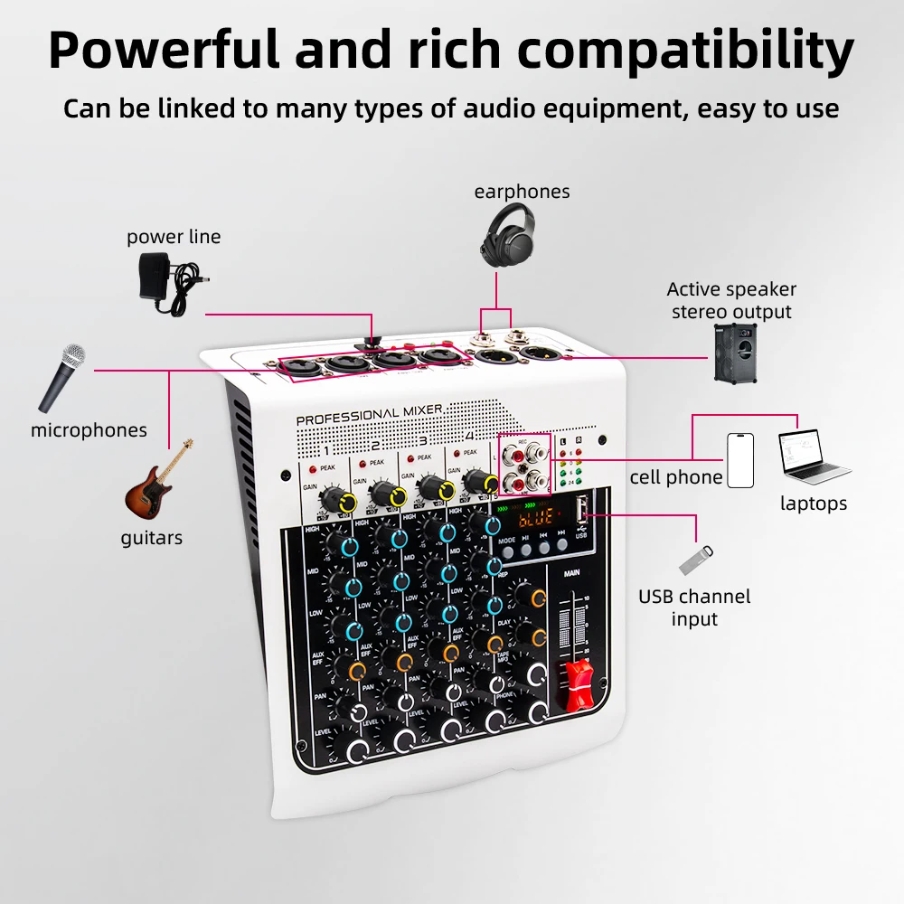 6 Channel Audio Mixer Outdoor Conference Audio USB Bluetooth-compatible Reverb Audio processor Sing Live with Sound Card Mixers