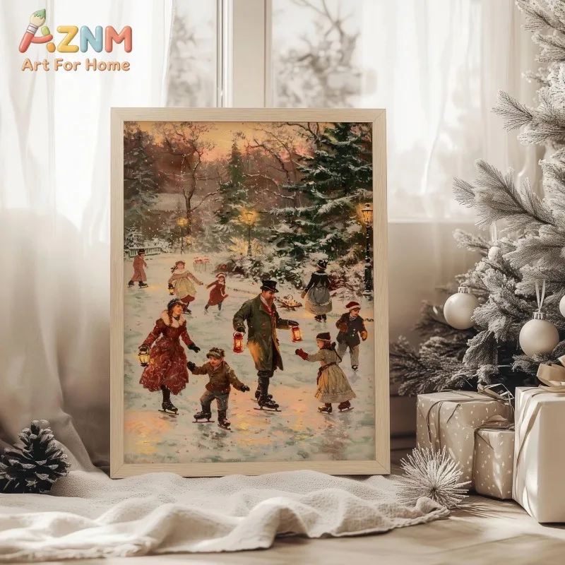 Vintage Winter Ice Skating Canvas Wall Art Fashion Snow Scene Nostalgic Christmas Holiday Home Wall Print Unframed Canvas Poster