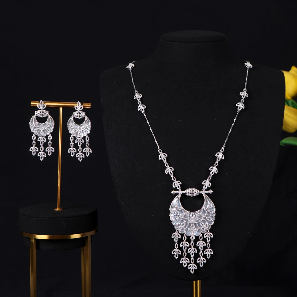 

Luxury Geometric Hollow Out Trendy Long Necklace Earring Jewelry Sets For Women Wedding Party Zircon Dubai Bridal Jewelry S680