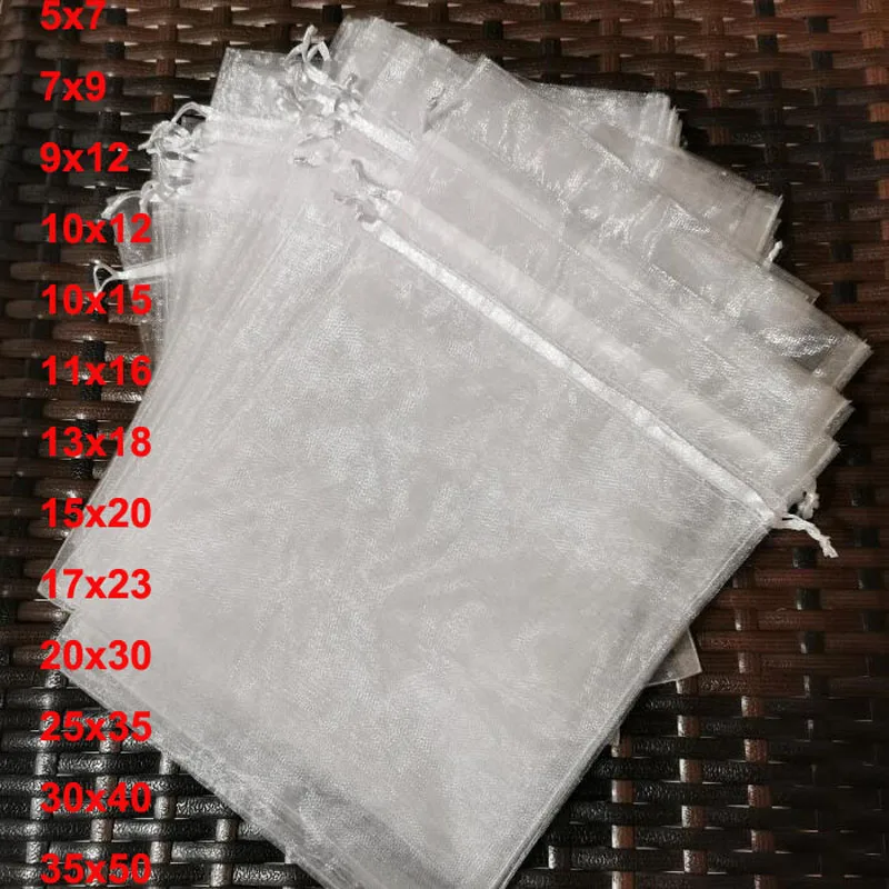 

100pcs/lot 5x7 17x23 35x50cm Big White Organza Bags Drawstring Pouches For Jewelry Beads Wedding Party Gift Packaging Bag Logo