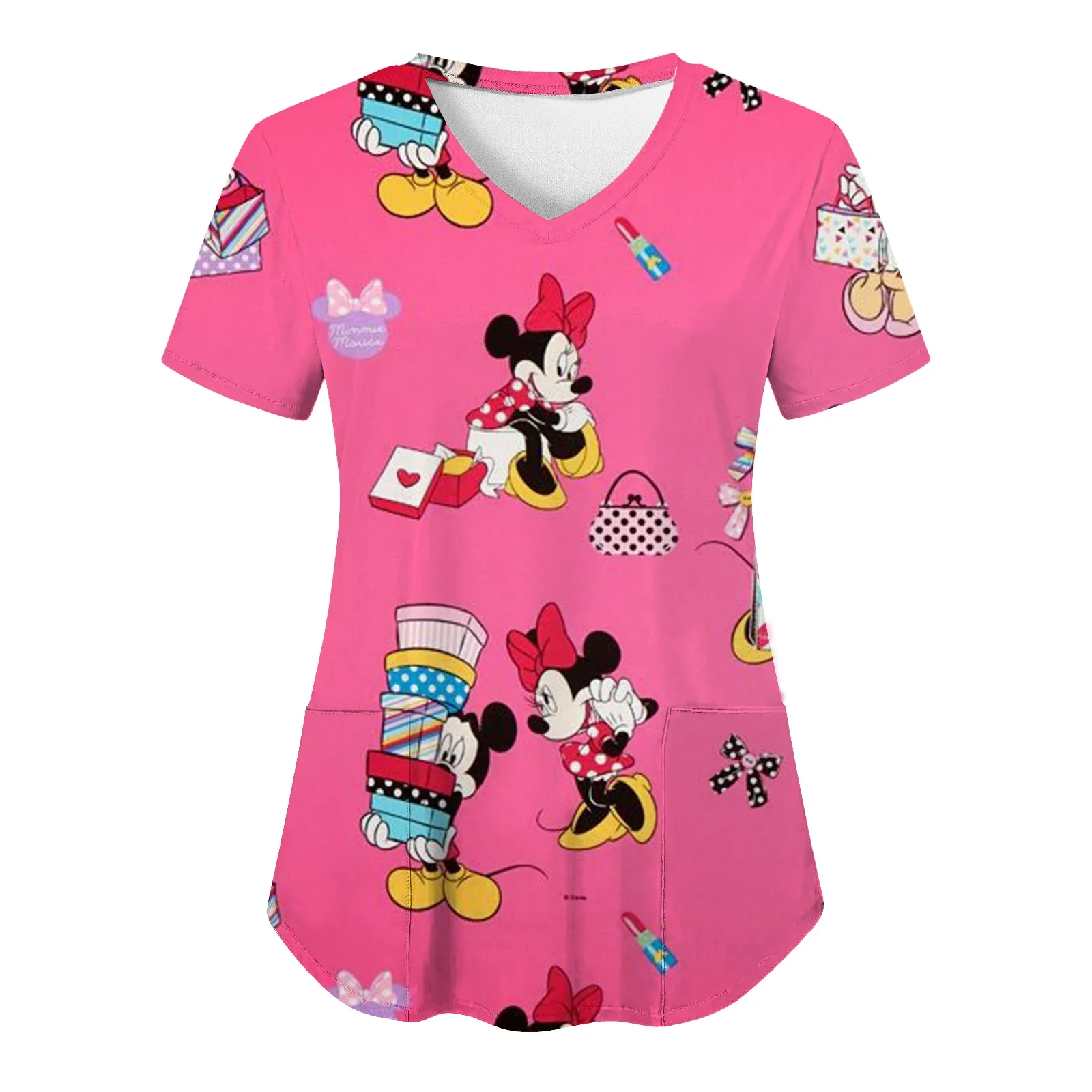 Camisetas de Minnie Mouse para mujer, ropa con cuello en V, camisetas de Hospital, Top de Disney para mujer, camiseta de uniforme de enfermera, camisetas de verano con bolsillo 2024