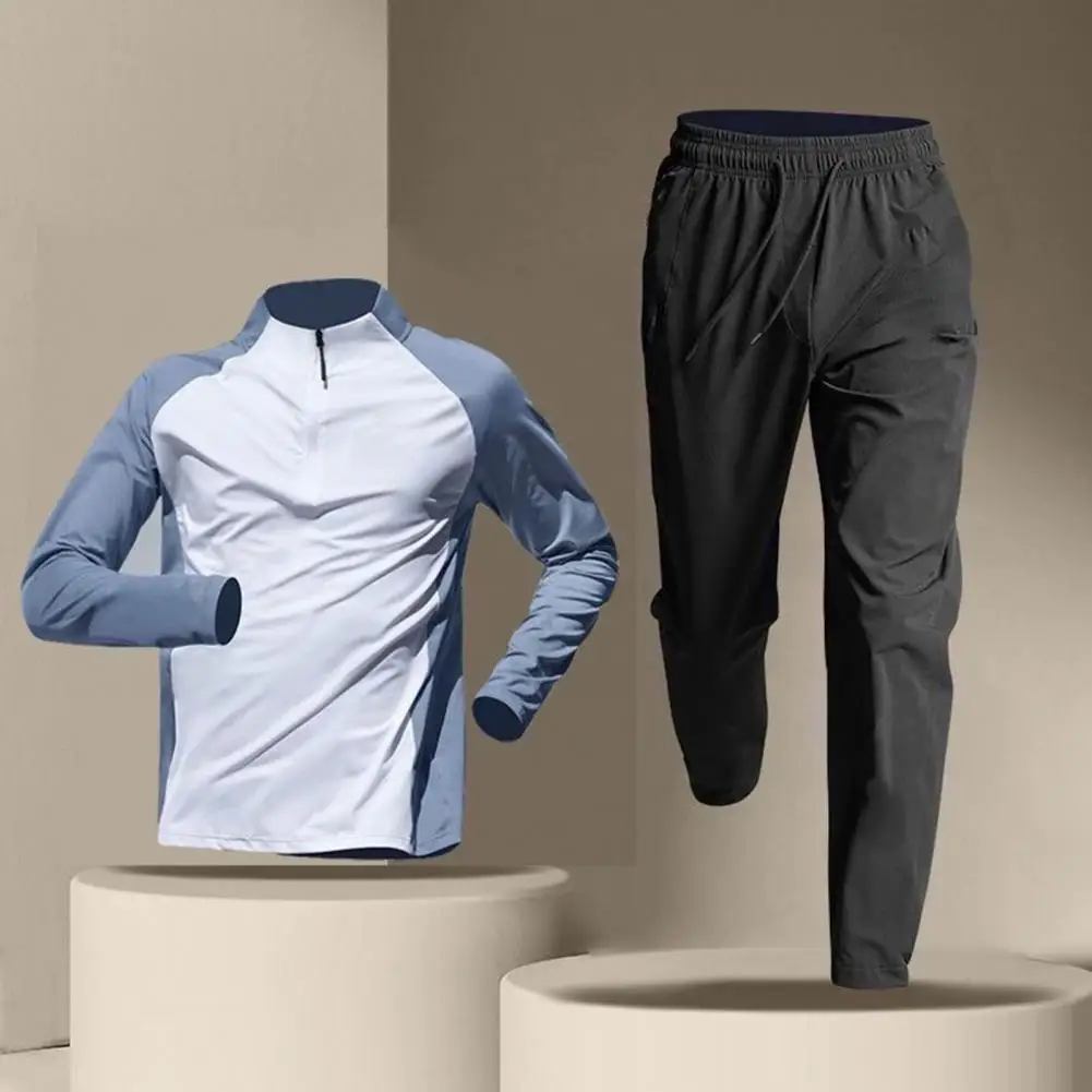 Fitness Suit with Zipper Neckline Men's Quick-drying Fitness Suit Set for Running Cycling Half-zip T-shirt Trouser for Active