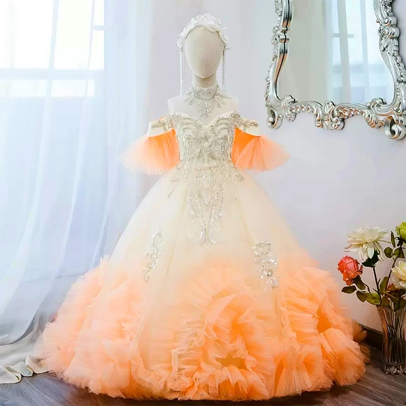 Kids Evening Dress+Headdress Prom Gowns Teenagers Dresses for Girl Children Party Clothing Formal Dress for Bridesmaid Wedding