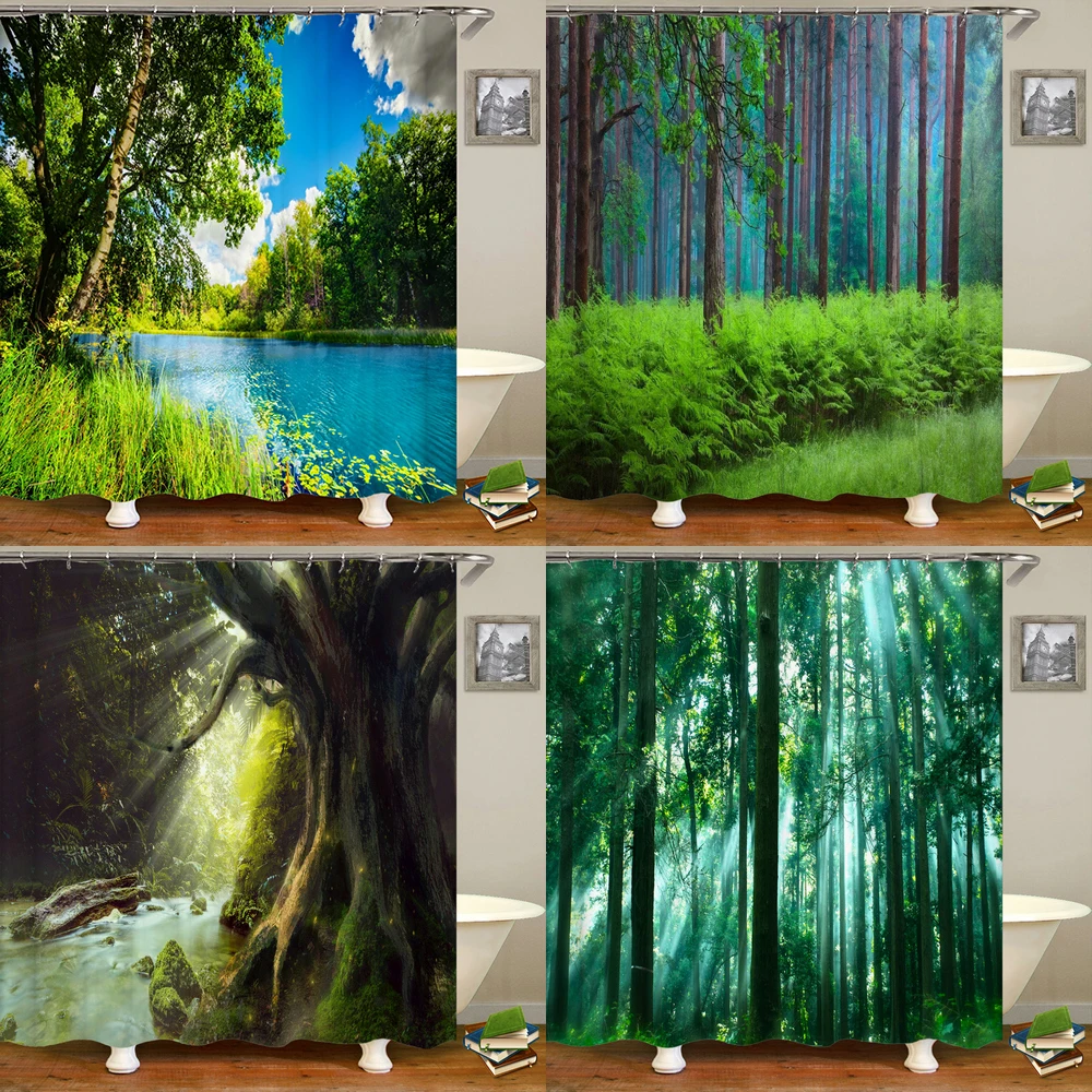 Virgin Forest Scenery Fabric Shower Curtain Trees landscape   Printing Polyester Waterproof Bathroom Curtain Decor with hooks