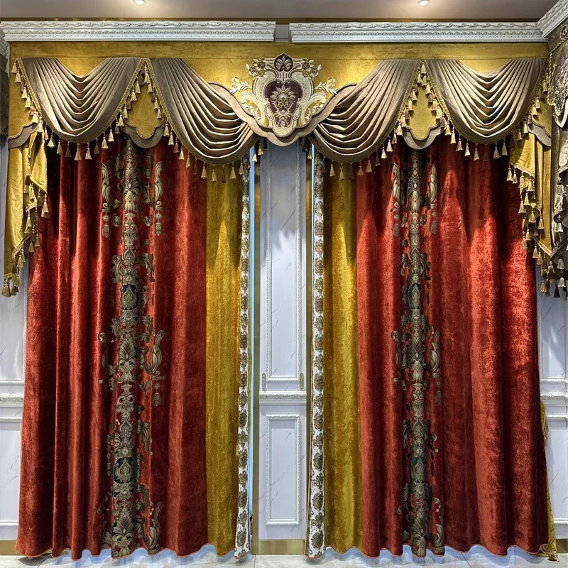 

Luxurious Burgundy Embroidered High Quality Velvet Trim Blackout Valance Window Curtains for Living Dining Room Bedroom Villa