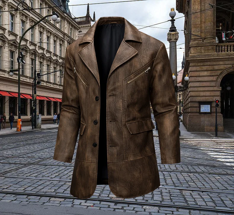 Herren-Ledermantel Herbst Winter Amerikanischer Retro-Stil Umlegekragen Herren-Oberbekleidung Mittellang Einreihig Langarm Herrenjacke – Detail 2