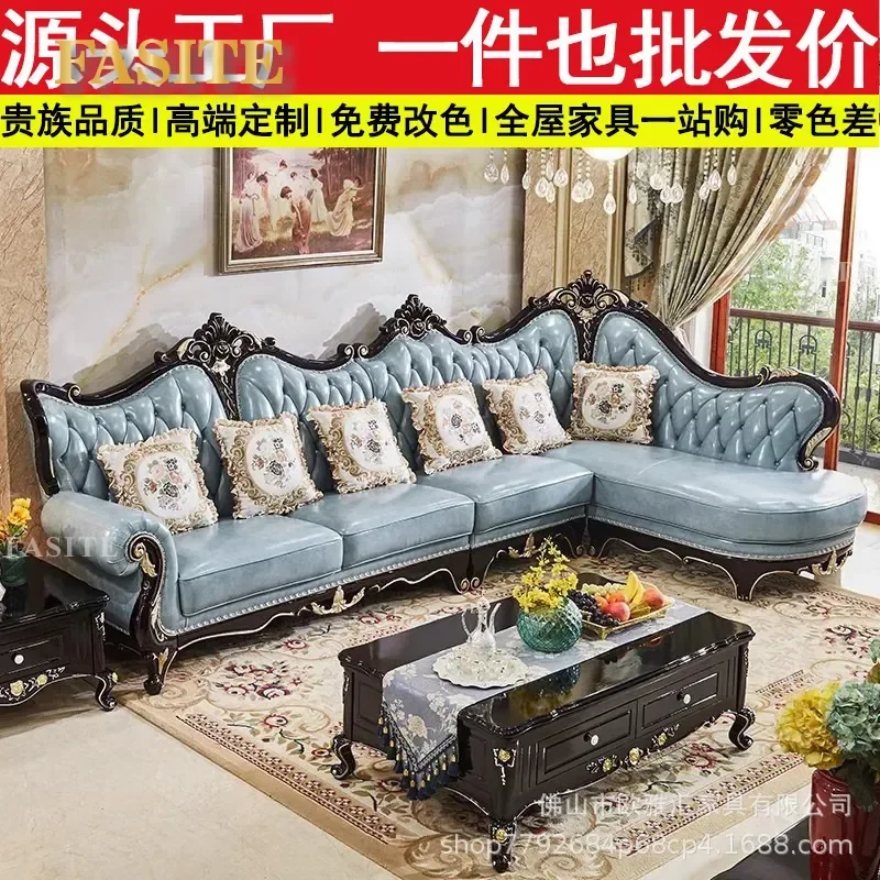 European Style First Layer Cowhide Corner Sofa Solid Wood Ebony Light Luxury Leather Sectional for Villa Living Room