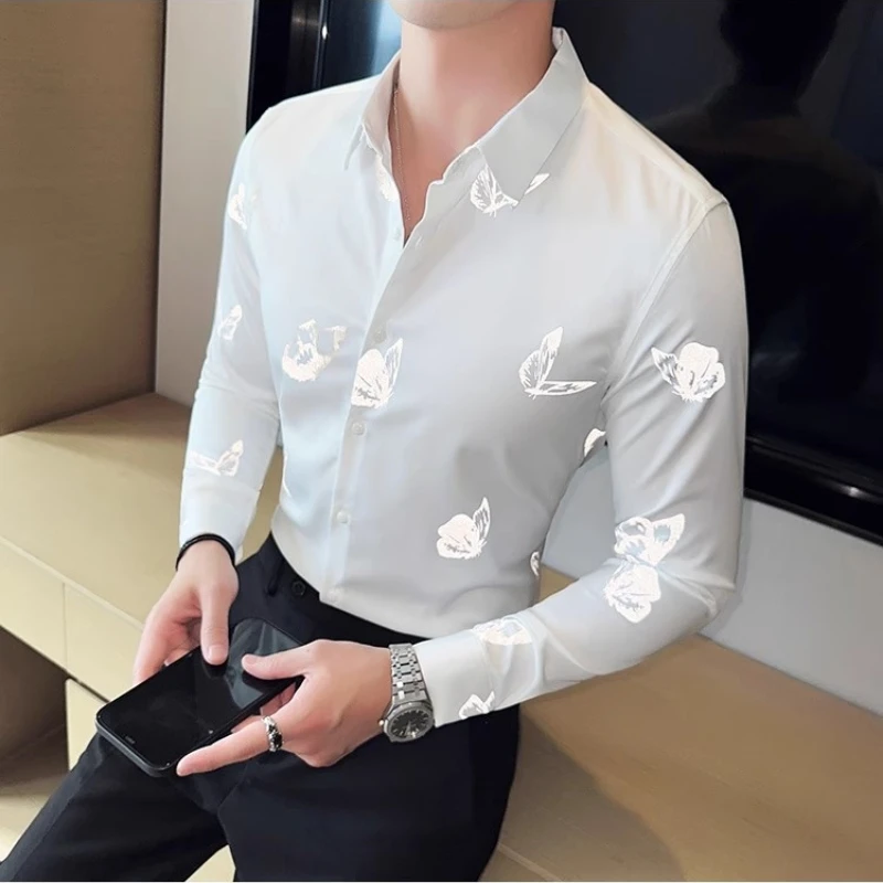 2023 Autumn Nightglow Butterfly Printed Men\'s Shirt Korean Fashion Slim Long Sleeve Casual Shirt Social Party Camisa Masculina