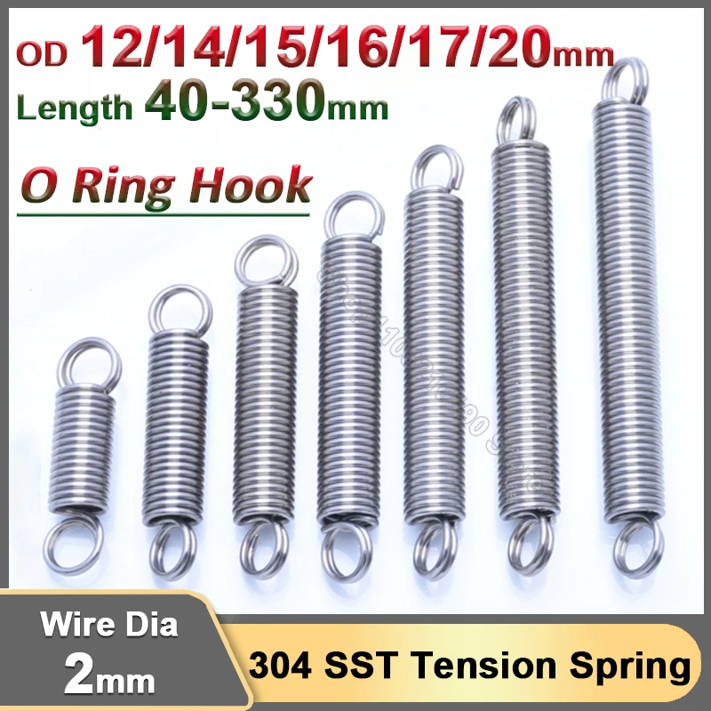 2mm Stainless Steel Tensile Spring O Ring Hook Cylindroid Coil Tension Expansion Extension Draught Stretching Springs OD 12-20mm