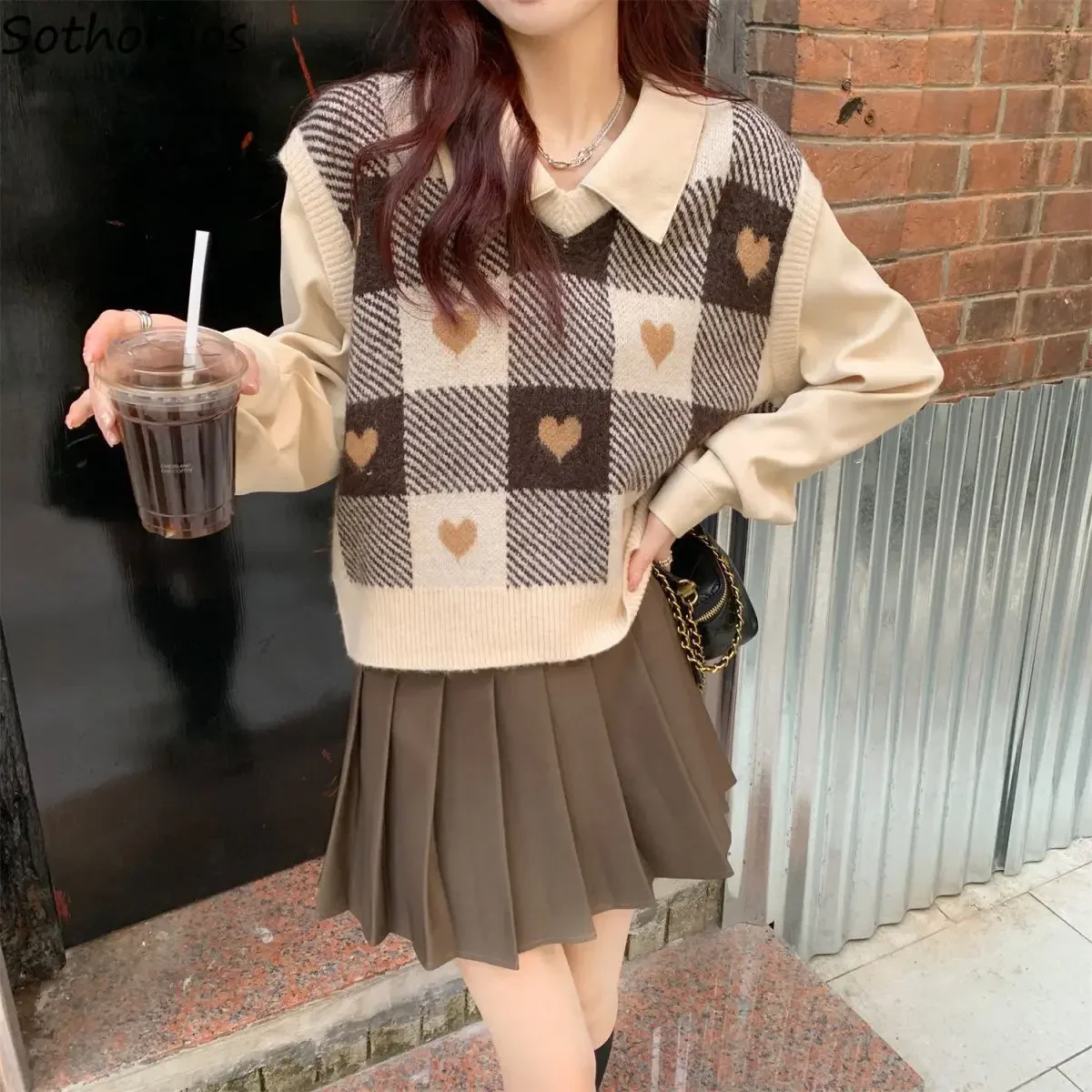 Cute Checkered Sweater Vests Women Sweet V-neck Female Ulzzang Heart-knitted Sleeveless Sweaters Tricot Jumpers Retro Students