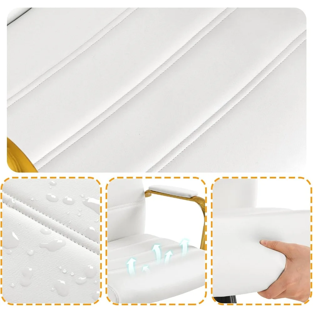 Офисный стол, регулируемый стул из искусственной кожи со средней спинкой и белым сиденьем с золотой рамой