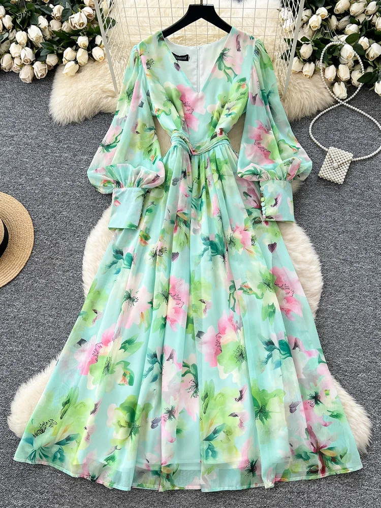 Strand Bloemenprint Maxi Jurk Dames 2025 Nieuwe Elegante V-hals Lange Mouwen Jurken Vouw Hoge Kwaliteit Vestidos INKEO 5D217