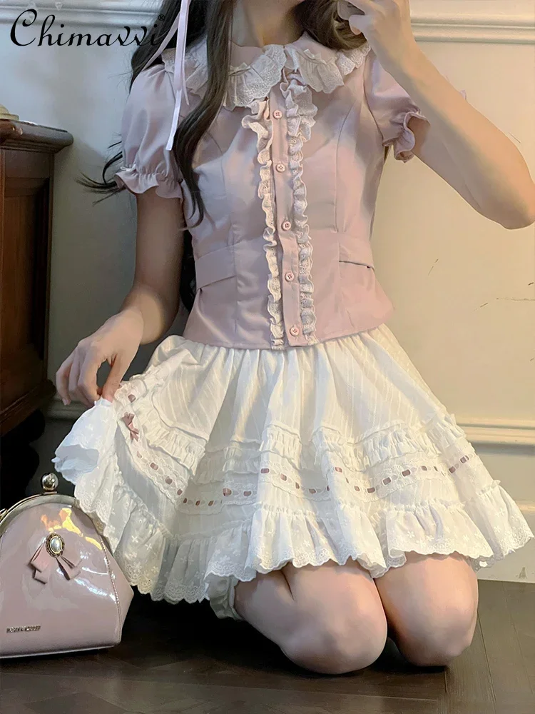 Original Design Sweet and Cute Girl Pink Bubble Sleeve Shirt Top White Cake Skirt Set New Summer Womens Two-piece Set Y2k Outfit