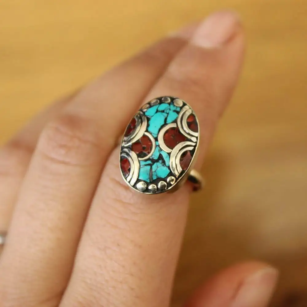 RG373 Ethnic Tibetan Jewelry Beautiful Copper Colorful Stone Oval Woman Open Back Adjustable Ring