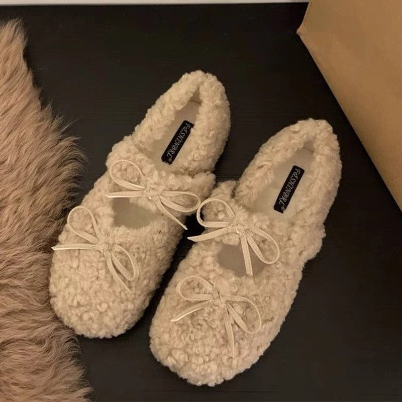 

Bow Women Fur Loafers Shoes Flats Short Plush Cotton Shoes 2025 Winter Casual Warm Home Shoes Sport Sneaker Walking Zapatos Lady