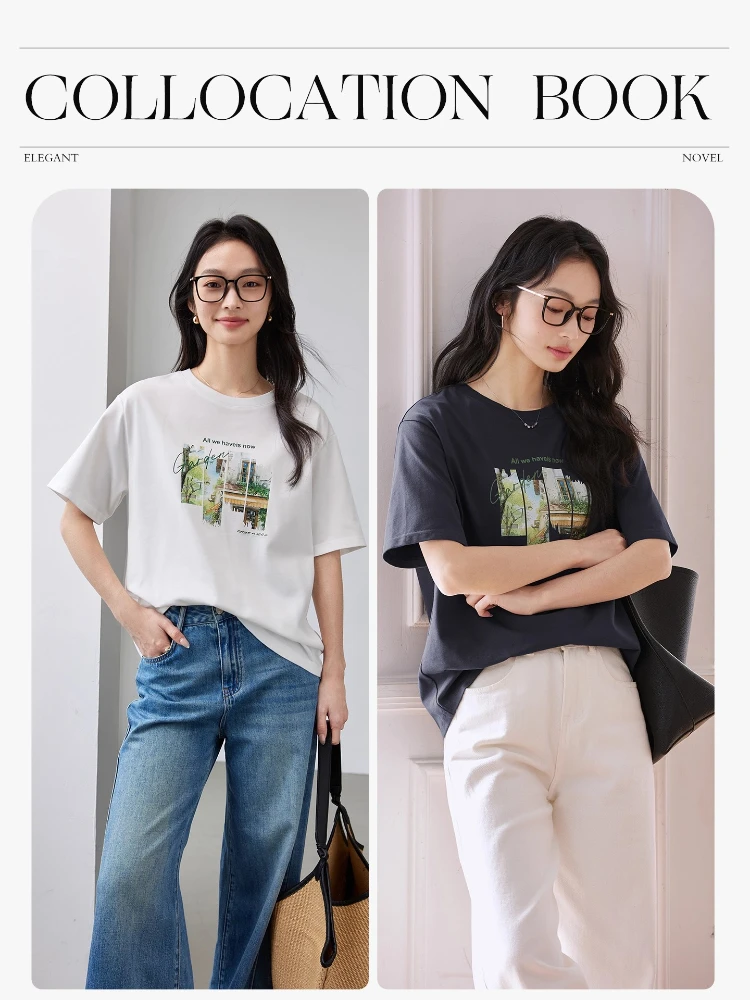 VIMLY Wit T-shirt Dames Zomer 2025, Casual 100% Katoen Gedrukt Natuurlijk Landschap Ronde Hals Vrouw Korte Mouw Tops M9828