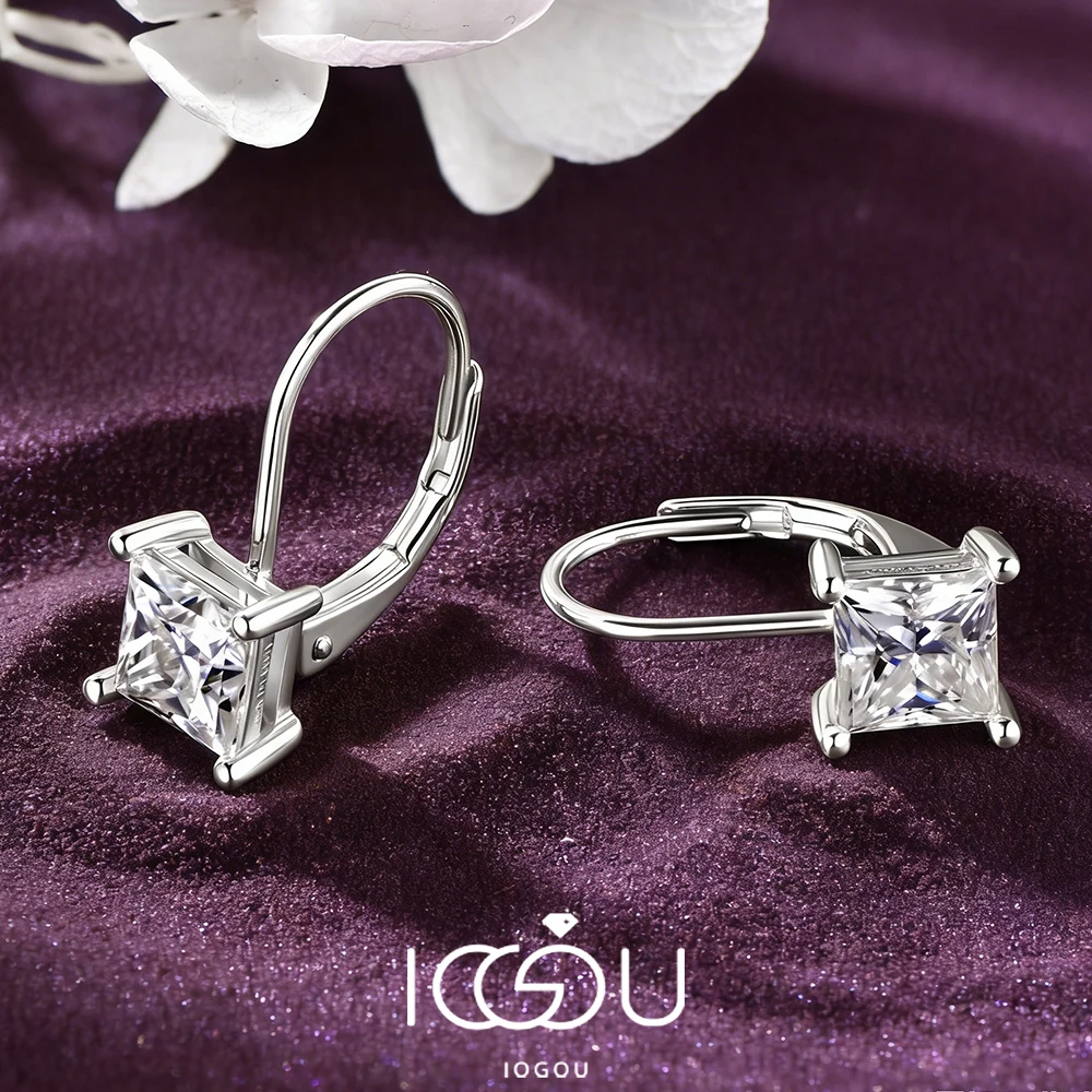 

IOGOU 1.0ct D Color Square Moissanite Diamond Drop Hoop Earrings for Women 925 Silver 5x5mm Princess cut Certified Fine Jewelry