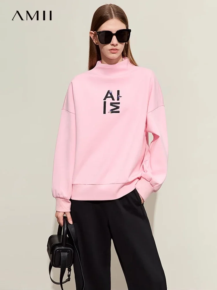 AMII Minimalism Hoodies for Women 2024 Spring New Letter Embroidery Streetwear Sweatshirts Dropped Sleeves Loose Top 12411006