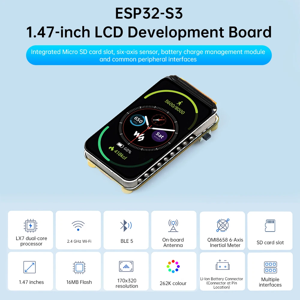 ESP32-S3 1,47-Zoll-LCD-Bildschirm WIFI Bluetooth-Entwicklungsplatine mit RGB-Farbe 172 × 320 Dual-Core-Prozessor, unterstützt Micro SD