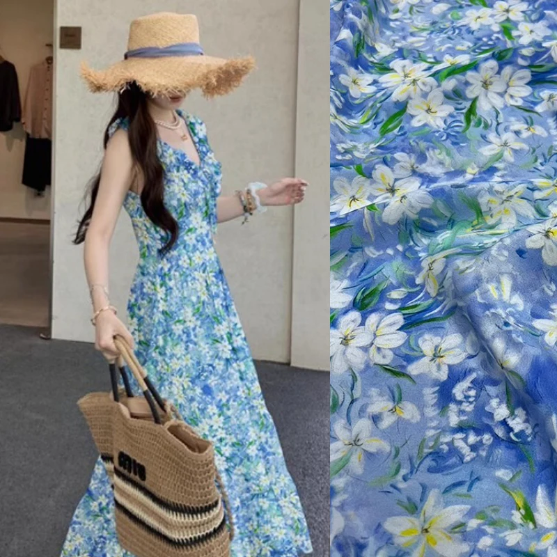 

Бело-желтая синяя шелковая крепдешинная ткань с цветочным принтом для брюк, платья 93% шелк, 7% спандекс, эластичная ткань для шитья R2398