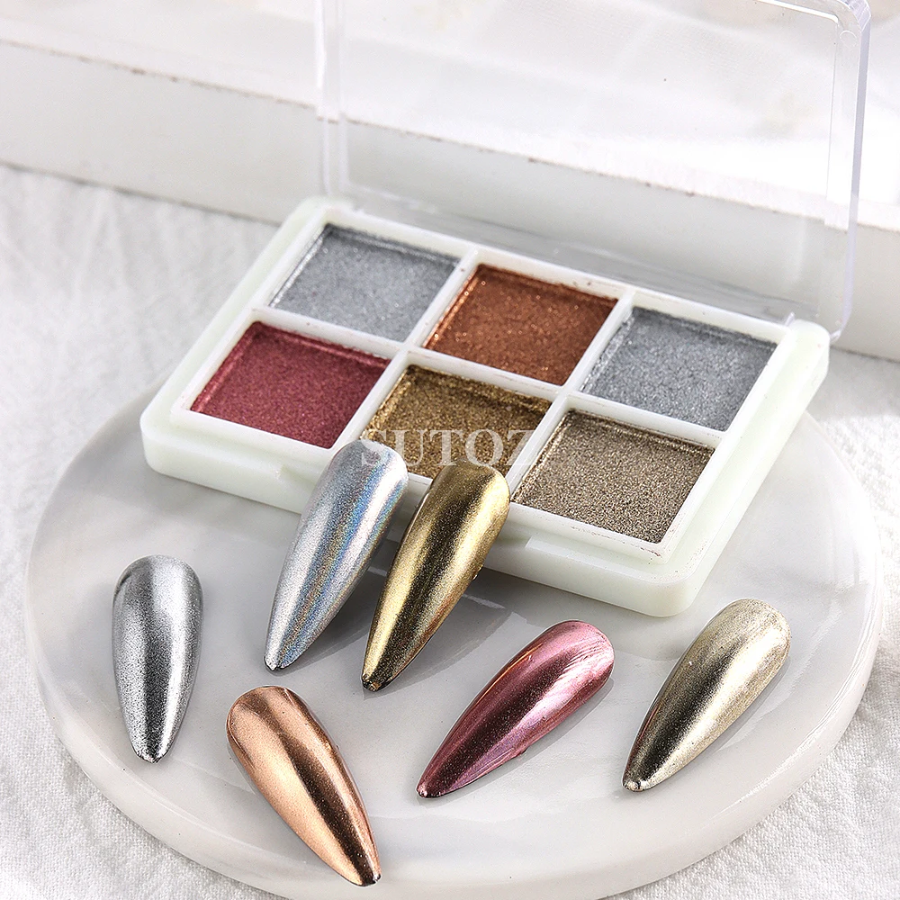 6Colors Aurora Chrome Powder Solid Rubbing Dust Iridescent Glitter Gold Metallic Mirror Nail Powder Manicure Pigment Set LEB6GTR