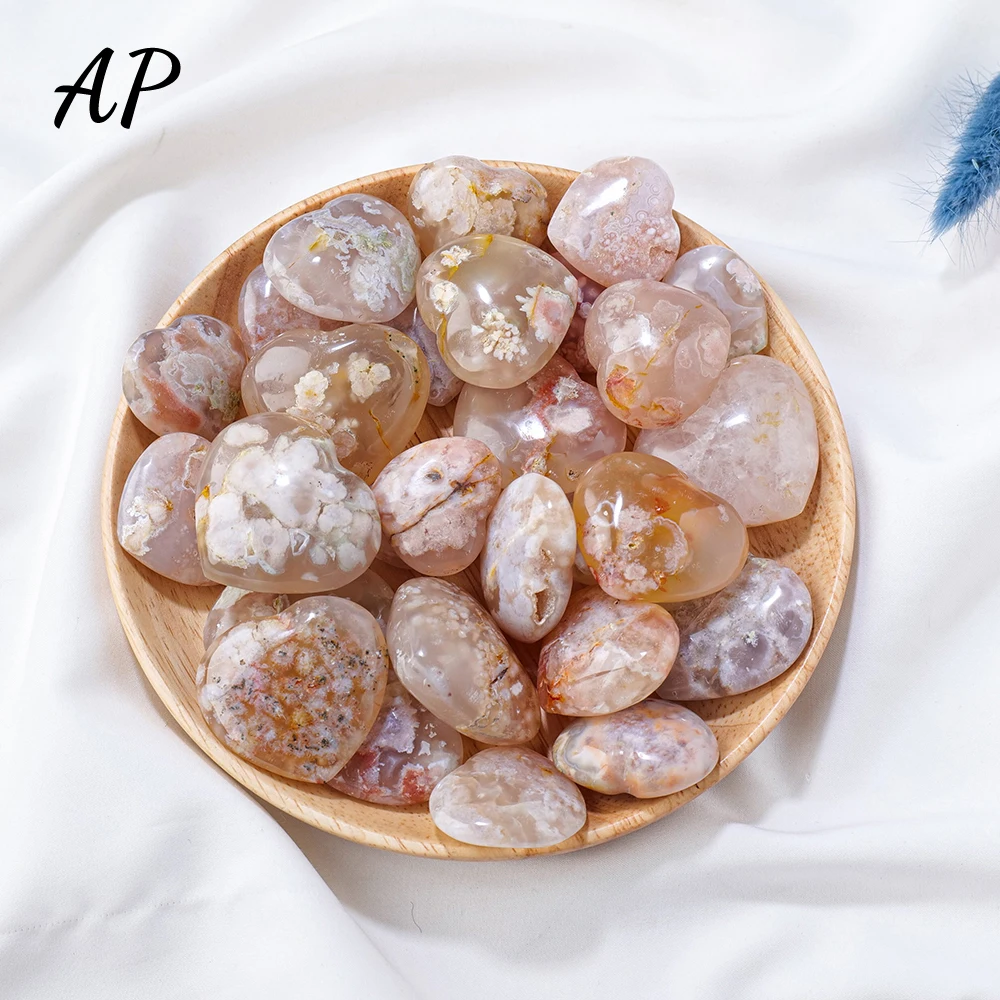 1PC Natural Quartz Cherry Agate Heart Shape Crystal Healing Stone Sakura Agate Love Hand Carved Crystal Decoration Gifts