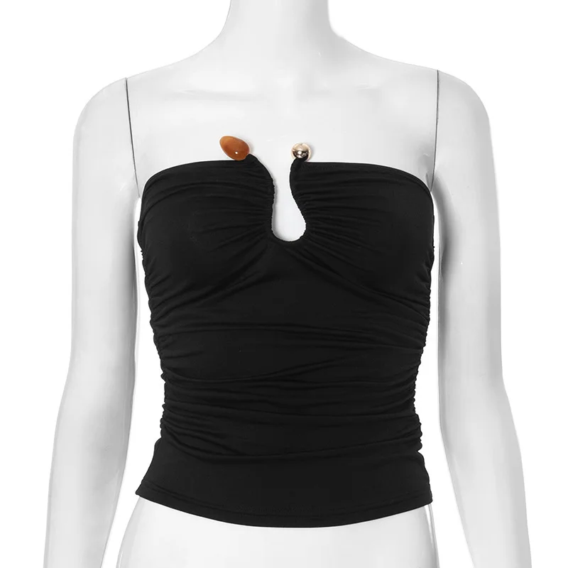 Apprabant Solid Wrapped Chest Metal Decoration Bare Back Super Short Top Shrink Fold  Agate Sleeveless One Line Shouler Vest